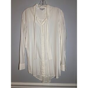 Elizabeth and James Button Down Shirt Women White Tie Neck Long Sleeve L Tunic
